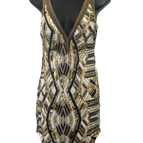 Rumor Boutique Art Deco Cocktail Dress Mini Black Gold Sequins Party Sexy SZ‎ S - Picture 2 of 8